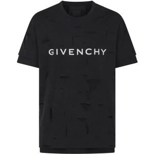 Givenchy, Vernietigde Klassieke Pasvorm Gaten T-Shirt Zwart, Heren, Maat:S