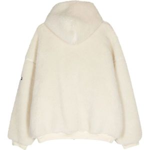 Balenciaga, Jassen, Dames, Beige, M, Faux-Shearling Hoodie met Appliqué Logo