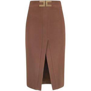 Elisabetta Franchi, Rokken, Dames, Bruin, S, Bruine Midi Potloodrok met Voor Split