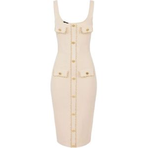 Elisabetta Franchi, Kleedjes, Dames, Beige, M, Crème Midi Jurk met Gouden Knopen