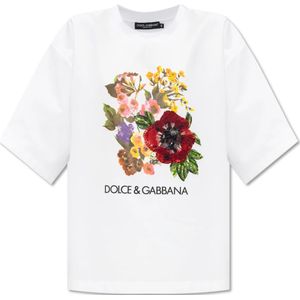Dolce & Gabbana, Tops, Dames, Wit, S, Pailletten, T-shirt met bloemenmotief