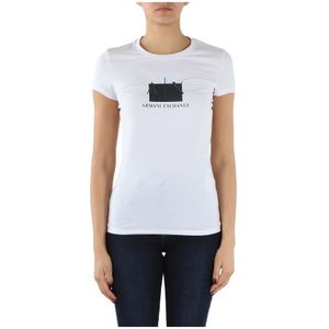 Armani Exchange, Slim Fit T-shirt van stretchkatoen met logo print Wit, Dames, Maat:M