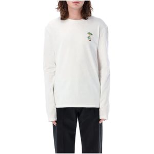 Jil Sander, Langemouw T-shirt met Paddenstoelborduursel Wit, Heren, Maat:L