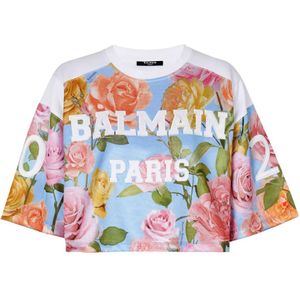 Balmain, Tops, Dames, Veelkleurig, XL, Katoen, Baseball T-shirt met Pastel Roses print
