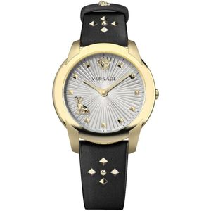 Versace, Audrey Leren Horloge met Gouden Nieten Geel, Dames, Maat:ONE Size