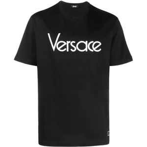 Versace, Tops, Heren, Zwart, L, Katoen, Zwarte Logo Geborduurde T-shirts en Polos