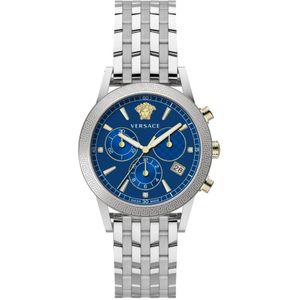 Versace, Accessoires, Heren, Grijs, ONE Size, Sport Tech Roestvrij Staal Blauw Wijzerplaat Horloge