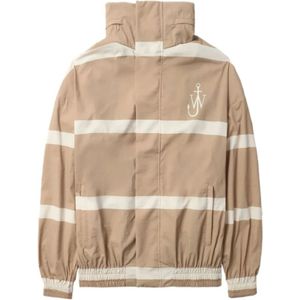 JW Anderson, Beige Gestreepte Jas met Logo Print en Verborgen Capuchon Beige, Heren, Maat:L