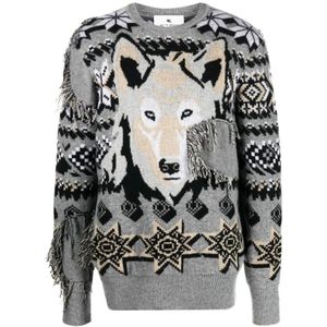 Etro, Sweatshirts & Hoodies, Heren, Grijs, S, Wol, Wollen trui met dierenprint