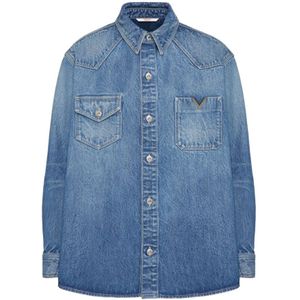 Valentino Garavani, Jassen, Heren, Blauw, L, Denim, Blauwe Denim Shirt met V Logo