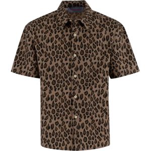 Bluemarble, Overhemden, Heren, Bruin, L, Katoen, Leopard Print Korte Mouw Shirt