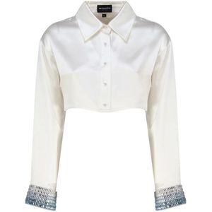 Retrofête, Blouses & Shirts, Dames, Wit, S, Satijn, Witte Satijnen Overhemd met Kristallen Manchetten