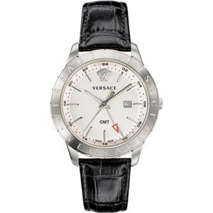 Versace, Accessoires, Heren, Grijs, ONE Size, GMT Zwart Leder Zilver Roestvrij Stalen Horloge