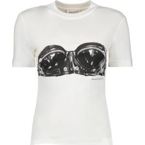 Alexander McQueen, Tops, Dames, Wit, 2Xs, Katoen, Biker T-shirt met Bedrukt Logo