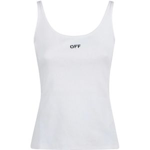 Off White, Tops, Dames, Wit, S, Katoen, Stamp Stretch Mouwloze Top