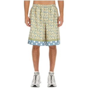 Versace, Korte broeken, Heren, Veelkleurig, M, Zijden Shorts met Logo Regular Fit