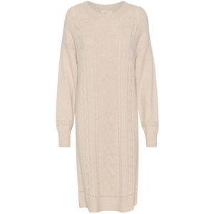 Cream, Kleedjes, Dames, Beige, XS, Gebreide Jurk Haver Melange Pofmouwen