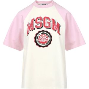 Msgm, Tops, Dames, Roze, L, Katoen, College Style Katoenen Jersey Ronde Hals