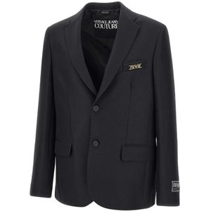 Versace Jeans Couture, Jassen, Heren, Zwart, M, Zwarte Crepe Blazer met Logo Knopen