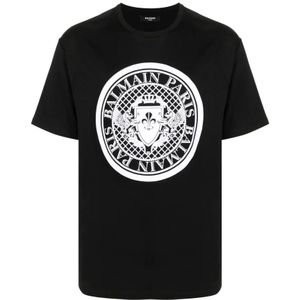 Balmain, Tops, Heren, Zwart, L, Katoen, Katoenen Logo Print T-Shirt