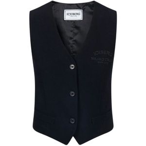 Iceberg, Jassen, Dames, Zwart, L, Katoen, Zwarte katoenblend V-hals vest met logo