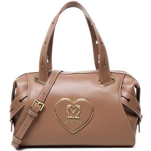 Love Moschino, Tassen, Dames, Beige, ONE Size, Leer, Taupe Leren Schoudertas met Zakken