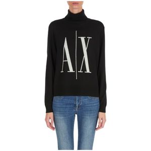 Armani Exchange, Truien, Dames, Zwart, XS, Wol, Zwarte Wollen Sweatshirt Aw 24 Polo Hals