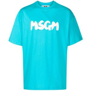 Msgm, Tops, Heren, Blauw, L, Kwaststreek Logo Turquoise T-Shirt