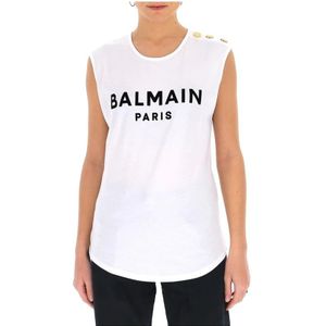 Balmain, Tops, Dames, Wit, S, Katoen, Wit Katoenen Logo T-Shirt