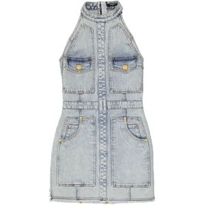 Balmain, Kleedjes, Dames, Blauw, L, Denim, Denim Mini Jurk met Knoopsluiting