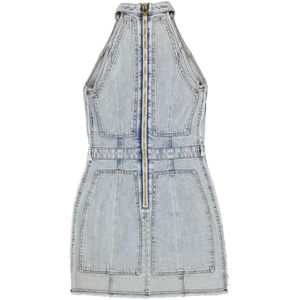 Balmain, Kleedjes, Dames, Blauw, L, Denim, Denim Mini Jurk met Knoopsluiting