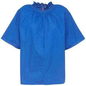 La DoubleJ, Blouses & Shirts, Dames, Blauw, M, Katoen, Blauwe Holiday Shirt met Ruches Kraag