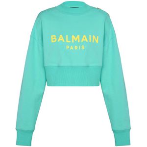 Balmain, Sweatshirts & Hoodies, Dames, Blauw, L, Katoen, Cropped sweatshirt met Paris print