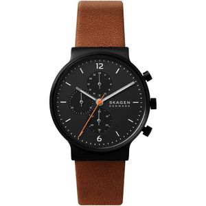 Skagen, Accessoires, Heren, Zwart, ONE Size, Ancher Chronograaf Leren Horloge