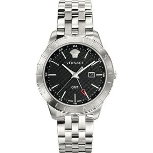 Versace, Accessoires, Heren, Grijs, ONE Size, Zilver Roestvrijstalen Armband Zwarte Wijzerplaat GMT Horloge