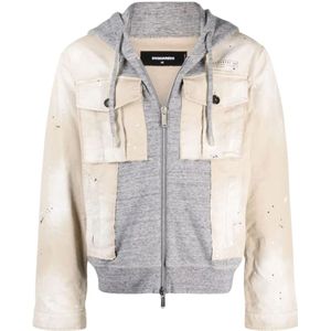 Dsquared2, Jassen, Heren, Beige, XL, Katoen, Beige Jas met Capuchon en Paneeldesign en Logo Print