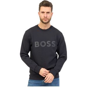 Hugo Boss, Sweatshirts & Hoodies, Heren, Blauw, M, Katoen, Blauwe Crew Neck Sweater met Bedrukt Logo