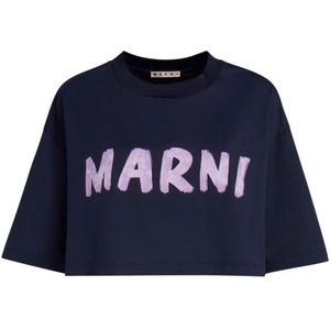 Marni, Tops, Dames, Blauw, XL, Katoen, katoenen t-shirt met maxi logoprint
