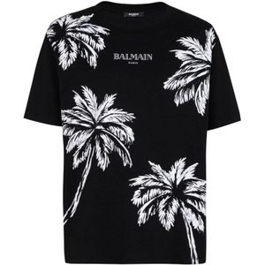 Balmain, Tops, Heren, Zwart, S, Katoen, Zwart Katoenen Jersey Logo Print T-shirt