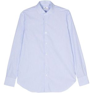 Finamore, Overhemden, Heren, Blauw, M, Katoen, Italiaans Gestreept Katoenen Shirt