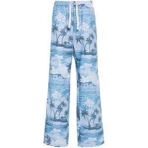 Palm Angels, Zonsondergang Print Wijde Pijp Linnen Broek Blauw, Heren, Maat:M