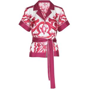 Dolce & Gabbana, Blouses & Shirts, Dames, Roze, S, Majolica-print Zijden Overhemd met Riem