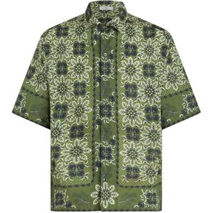 Etro, Overhemden, Heren, Groen, L, Katoen, Geometrische Bloemen Bowling Shirt