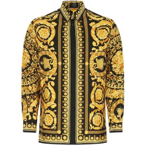 Versace, Overhemden, Heren, Geel, L, Zijden Bedrukte Shirt
