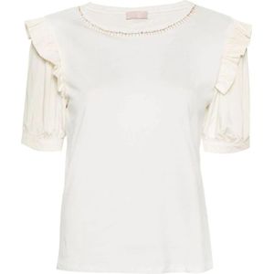 Liu Jo, Tops, Dames, Wit, L, Katoen, Dames T-shirt met Ruches en Strass