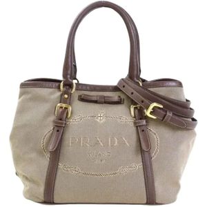 Prada Vintage, Pre-owned, Dames, Bruin, ONE Size, Tweed, Tweedehands Bruin Canvas Prada Schoudertas