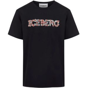 Iceberg, Tops, Heren, Zwart, M, Katoen, T-shirt met bloemenlogo