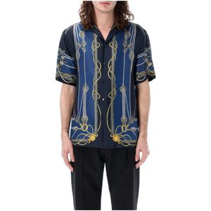Versace, Overhemden, Heren, Veelkleurig, M, Nautisch bowling shirt Blauw/Goud