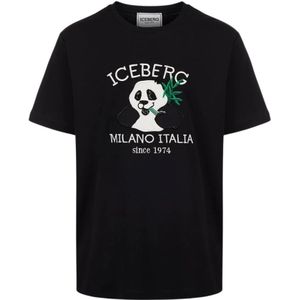 Iceberg, T-shirt met logo en cartoon graphics Zwart, Heren, Maat:S