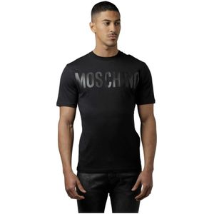 Moschino, Tops, Heren, Zwart, 2Xl, Katoen, Heren Aansluitend Logo PU Leren T-Shirt